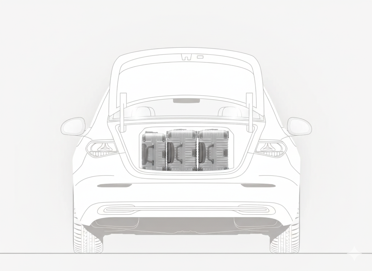 Disposition du coffre berline avec 1 valise cabine et 2 valises moyennes – transport bagages VTC
