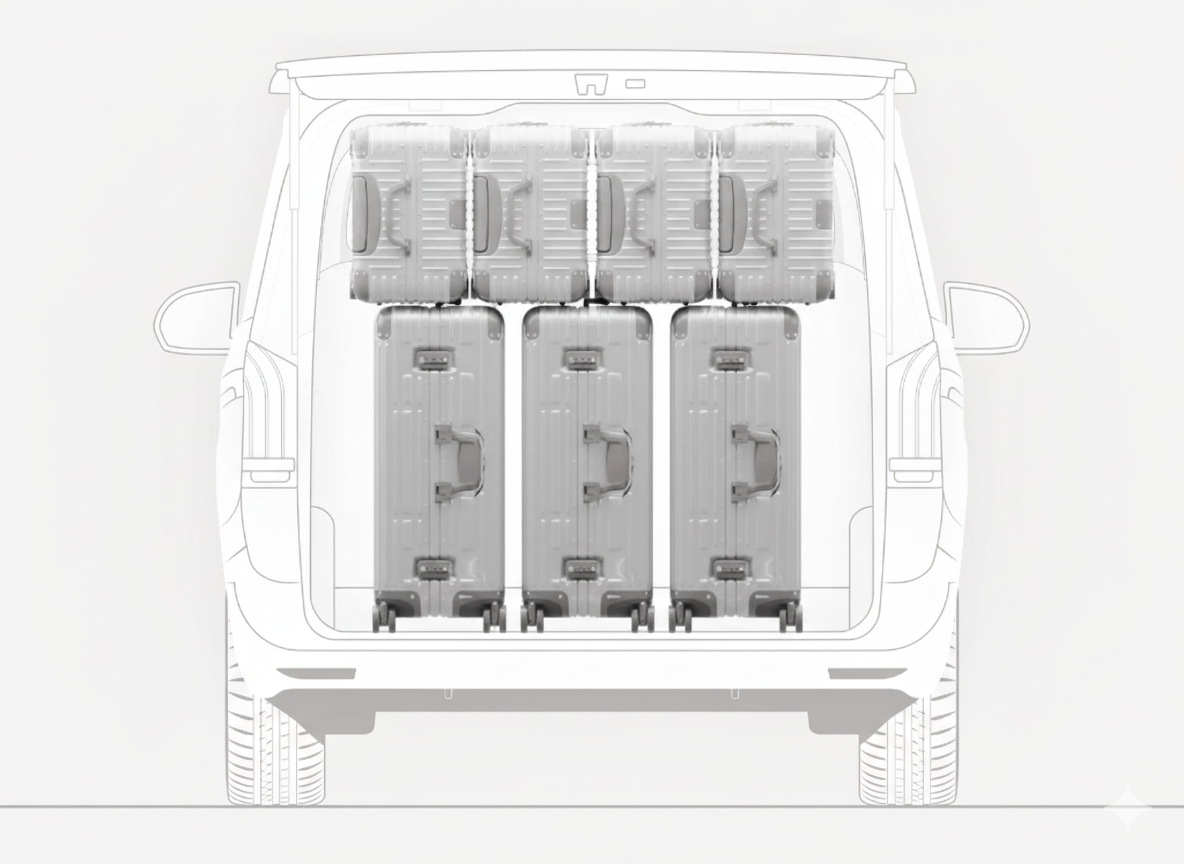 Disposition du coffre van avec 3 grandes valises et 4 valises moyennes – idéal pour transfert aéroport en VTC