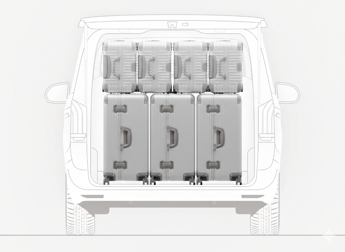 Volume de coffre van pouvant accueillir 3 très grandes valises et 4 valises moyennes pour transport VTC